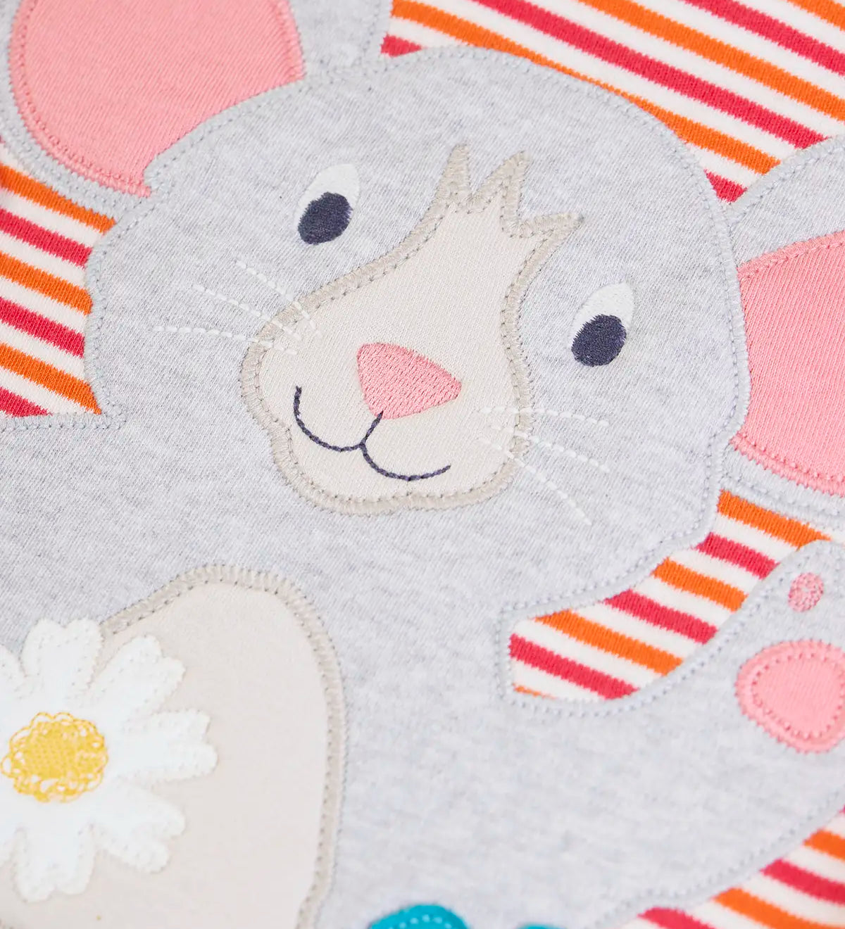 Frugi long sleeve organic cotton top with a pink, orange and white sunset stripe showing close up of the mouse applique