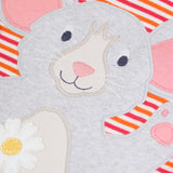 Frugi long sleeve organic cotton top with a pink, orange and white sunset stripe showing close up of the mouse applique