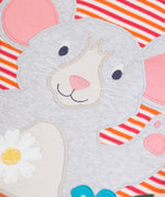 Frugi long sleeve organic cotton top with a pink, orange and white sunset stripe showing close up of the mouse applique