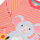 Frugi long sleeve organic cotton top laid flat showing close up of the mouse applique on pink, orange and white striped organic cotton fabric