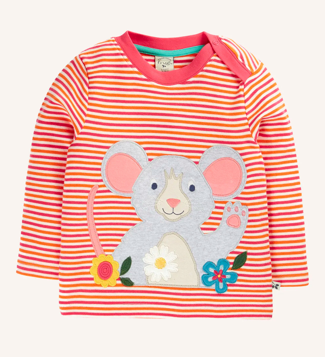 Frugi orion circular long sleeve organic cotton top with a pink, orange and white sunset stripe and a mouse applique on the front.
