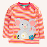Frugi orion circular long sleeve organic cotton top with a pink, orange and white sunset stripe and a mouse applique on the front.