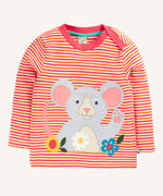 Frugi orion circular long sleeve organic cotton top with a pink, orange and white sunset stripe and a mouse applique on the front.