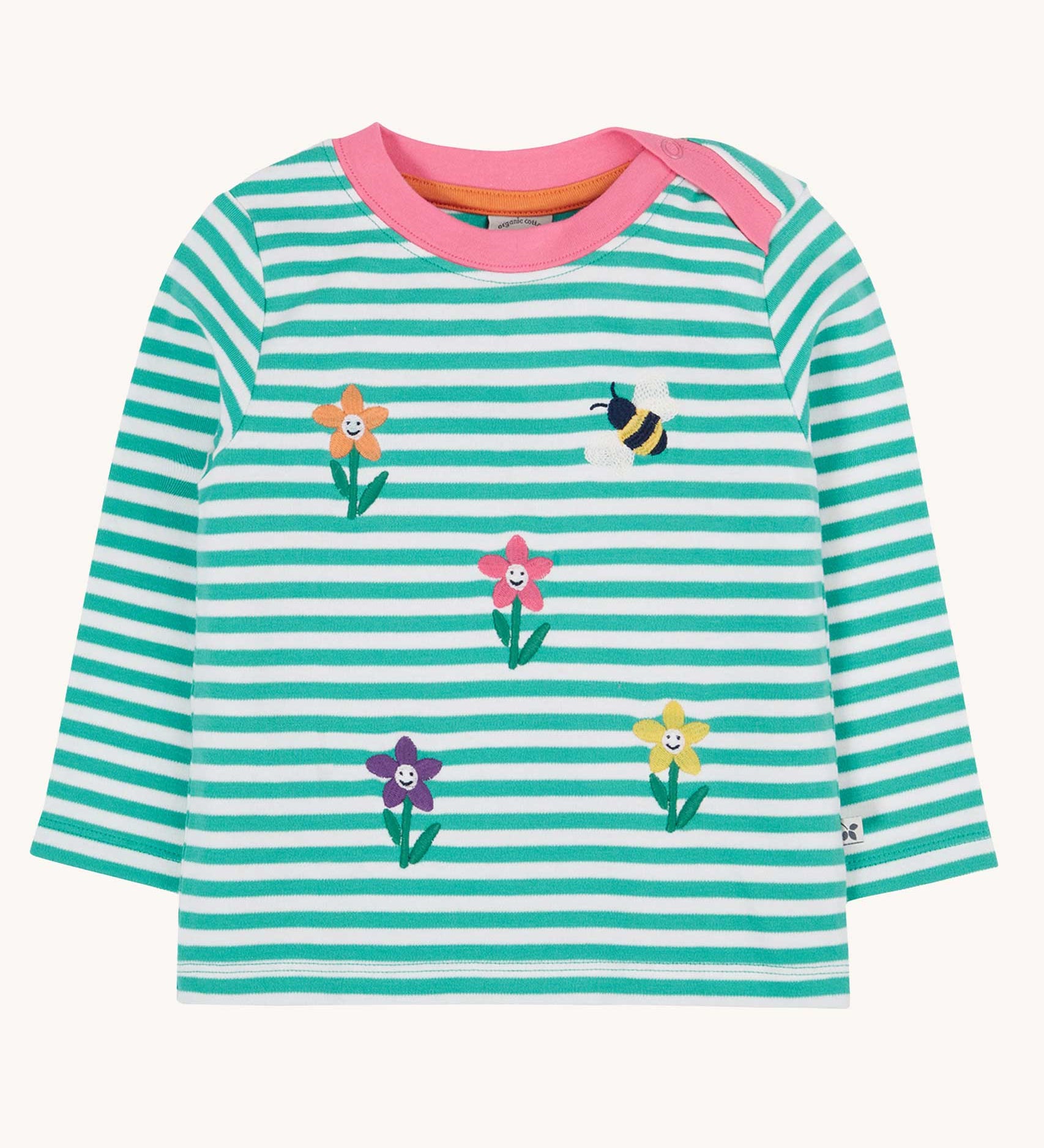 Frugi Orion flowers long sleeved kids top. This organic cotton kids top features a dragon stripe breton stripe background with frour coloured, embroidered flowers and a bee on the front