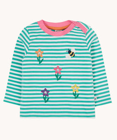 Frugi Orion flowers long sleeved kids top. This organic cotton kids top features a dragon stripe breton stripe background with frour coloured, embroidered flowers and a bee on the front