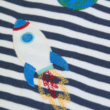 Frugi GOTS 100% organic cotton kids long sleeve top in navy and white stripes showing a close up of a rocket applique 