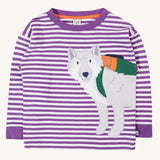 Frugi Otis circular organic cotton violet purple long sleeved stripe top with wolf applique.