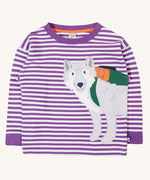 Frugi Otis circular organic cotton violet purple long sleeved stripe top with wolf applique.