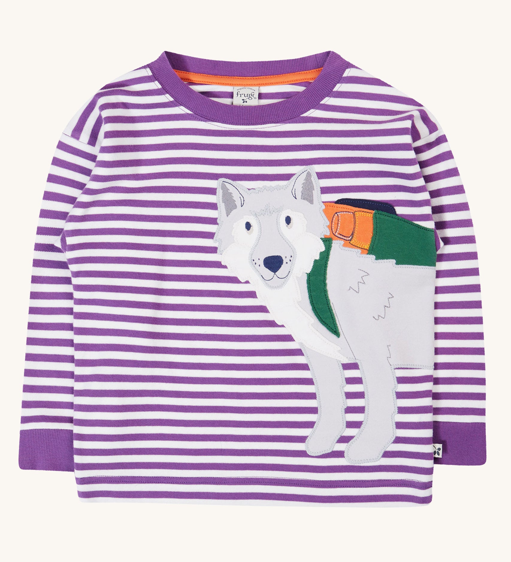 Frugi Otis circular organic cotton violet purple long sleeved stripe top with wolf applique.