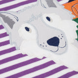 A close up of the wolf's face on the front of the Frugi Otis circular organic cotton violet purple long sleeved stripe top with wolf applique.