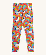 Frugi kids over the rainbow leggings - GOTS organic cotton Frugi kids leggings   in light blue with white horses on top of bright multicoloured rainbows 