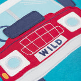 A super close up view of the truck on the front of the Frugi Organic Cotton Owen Panel Circular Top in a Boat Blue colour with Truck design.
