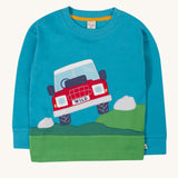 Frugi Organic Cotton Owen Panel Circular Top in a Boat Blue colour with Truck design.