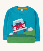 Frugi Organic Cotton Owen Panel Circular Top in a Boat Blue colour with Truck design.
