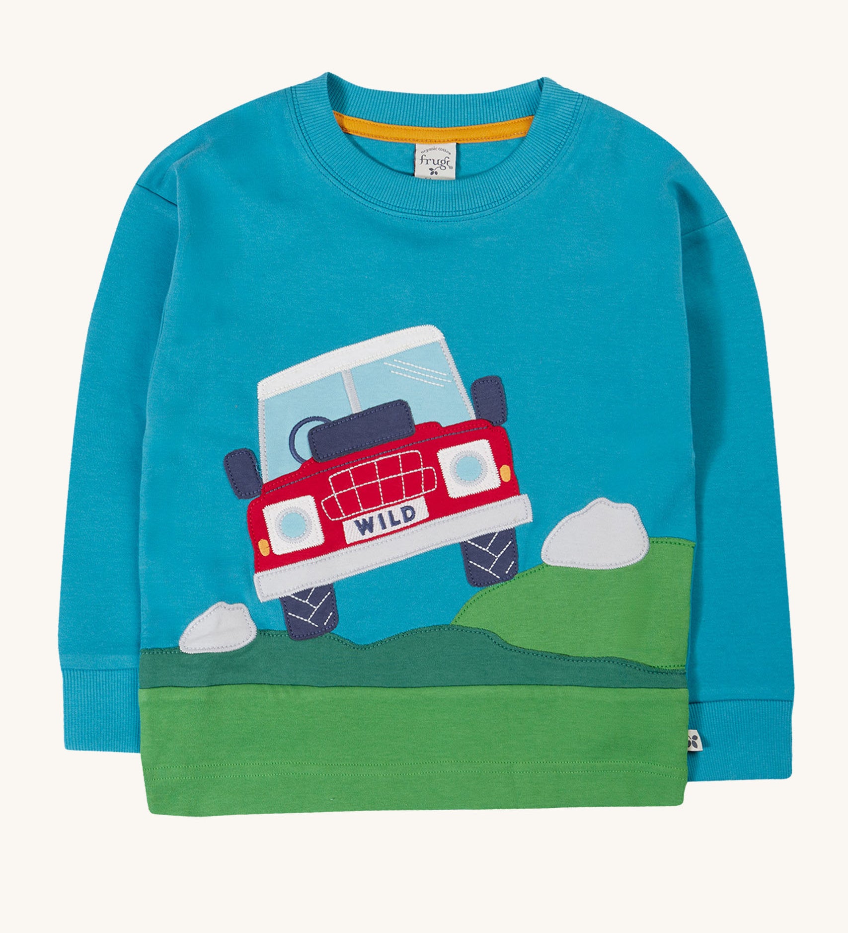 Frugi Organic Cotton Owen Panel Circular Top in a Boat Blue colour with Truck design.