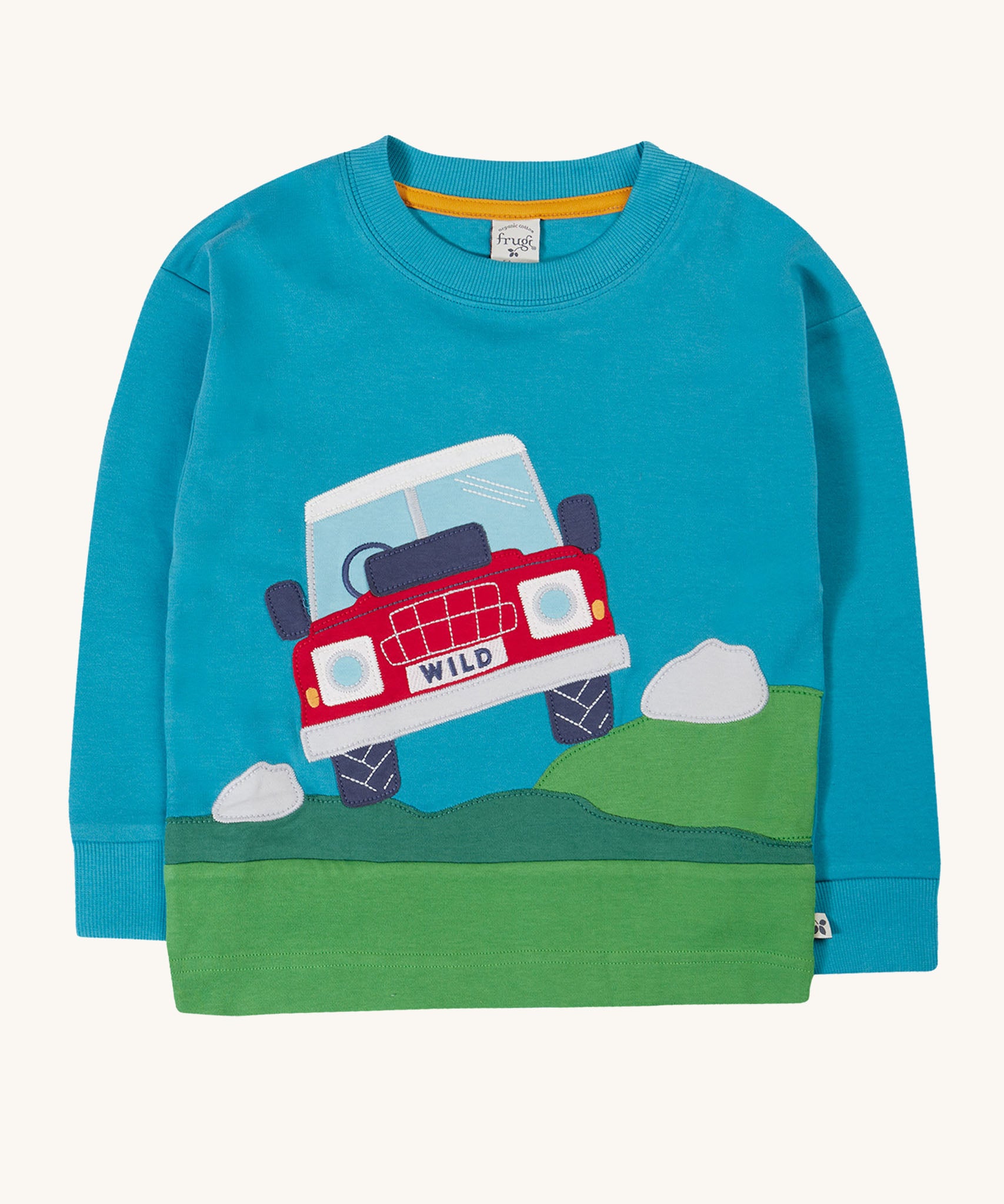 Frugi Organic Cotton Owen Panel Circular Top in a Boat Blue colour with Truck design.