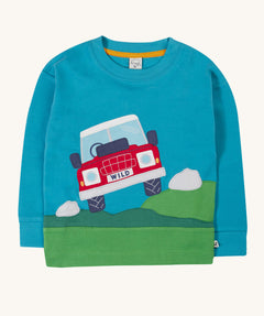 Frugi Organic Cotton Owen Panel Circular Top in a Boat Blue colour with Truck design.