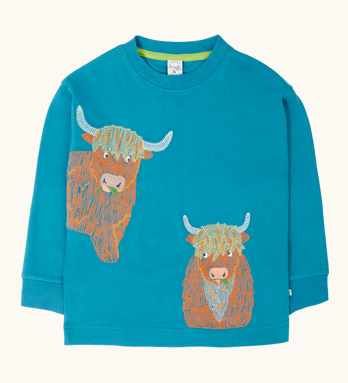 Frugi Owen highland coos cows embroidered long sleeve top in boat blue.