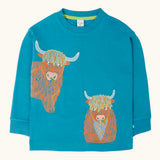 Frugi Owen highland coos cows embroidered long sleeve top in boat blue.