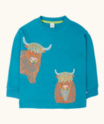 Frugi Owen highland coos cows embroidered long sleeve top in boat blue.