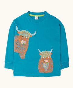 Frugi Owen highland coos cows embroidered long sleeve top in boat blue.
