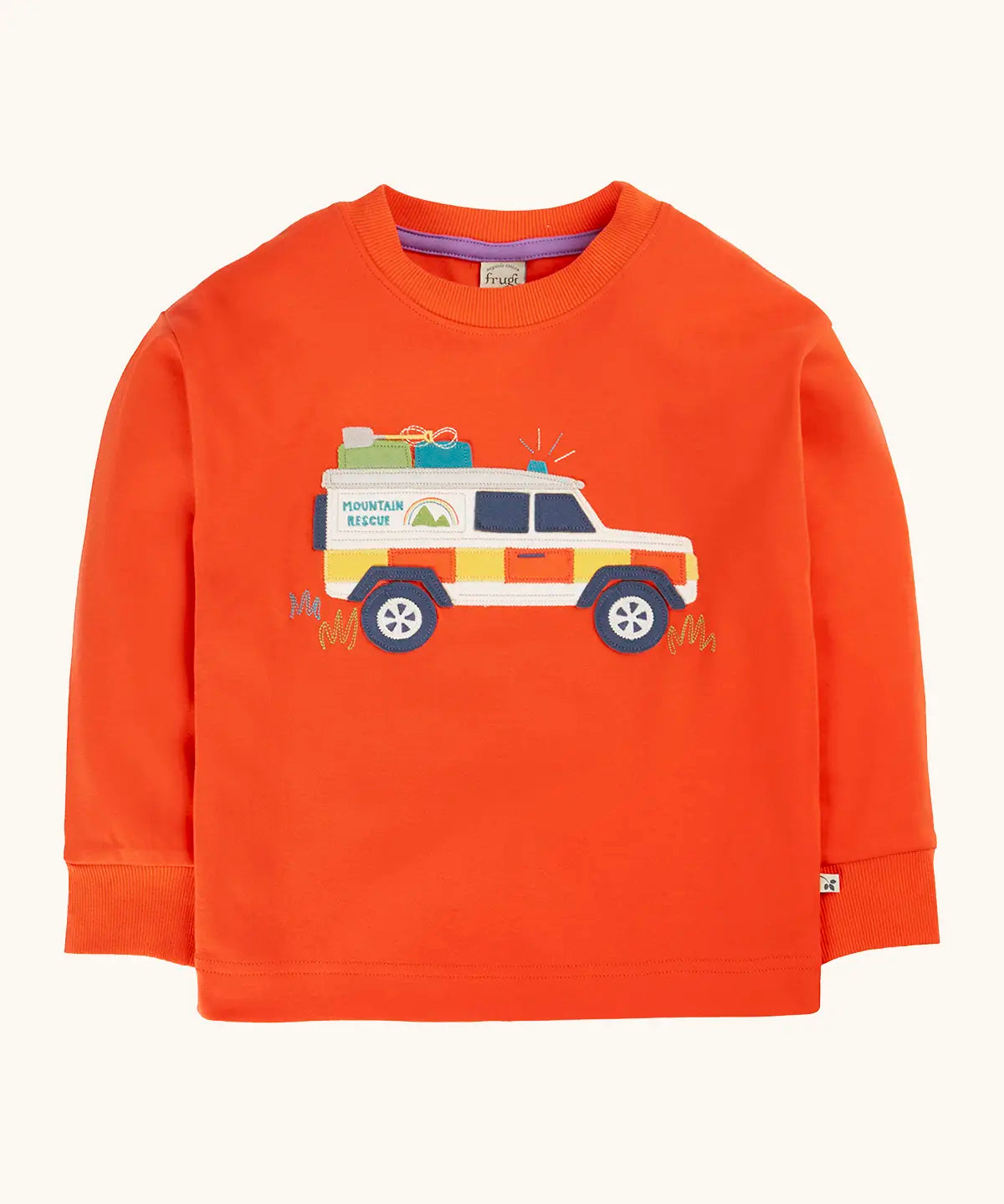 Frugi owen children's organic cotton long sleeved orange with a mountain rescue vehicle on the front. 