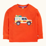 Frugi owen children's organic cotton long sleeved orange with a mountain rescue vehicle on the front. 