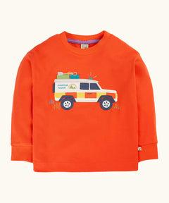 Frugi owen children's organic cotton long sleeved orange with a mountain rescue vehicle on the front. 