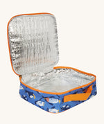 Frugi kids pack a lunch bag in penguin waddle opened showing the insulated inner lining to keep contents fresh. 