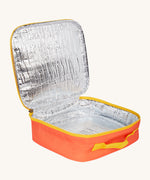 Frugi kids pack a lunch bag in rainbow sun opened showing the yellow trim detail and insulated inner lining to keep contents fresh 