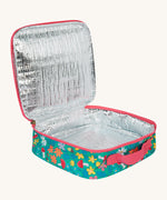 Frugi kids pack a lunch bag in wild woods opened showing the insulated inner lining to keep contents fresh. 