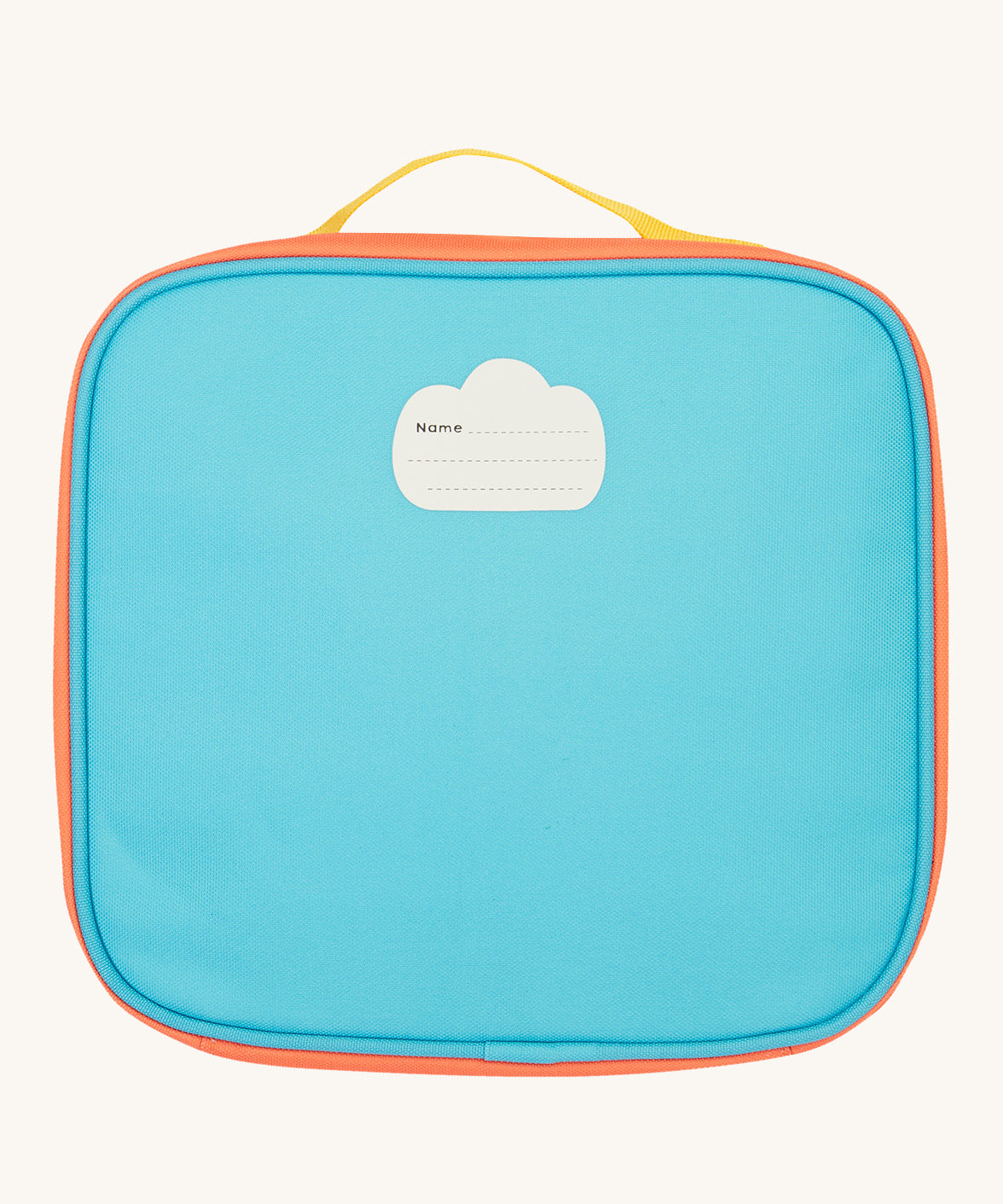 The back of the blue Frugi kids pack a lunch bag in rainbow sun showing the name tag patch on the top