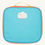 The back of the blue Frugi kids pack a lunch bag in rainbow sun showing the name tag patch on the top