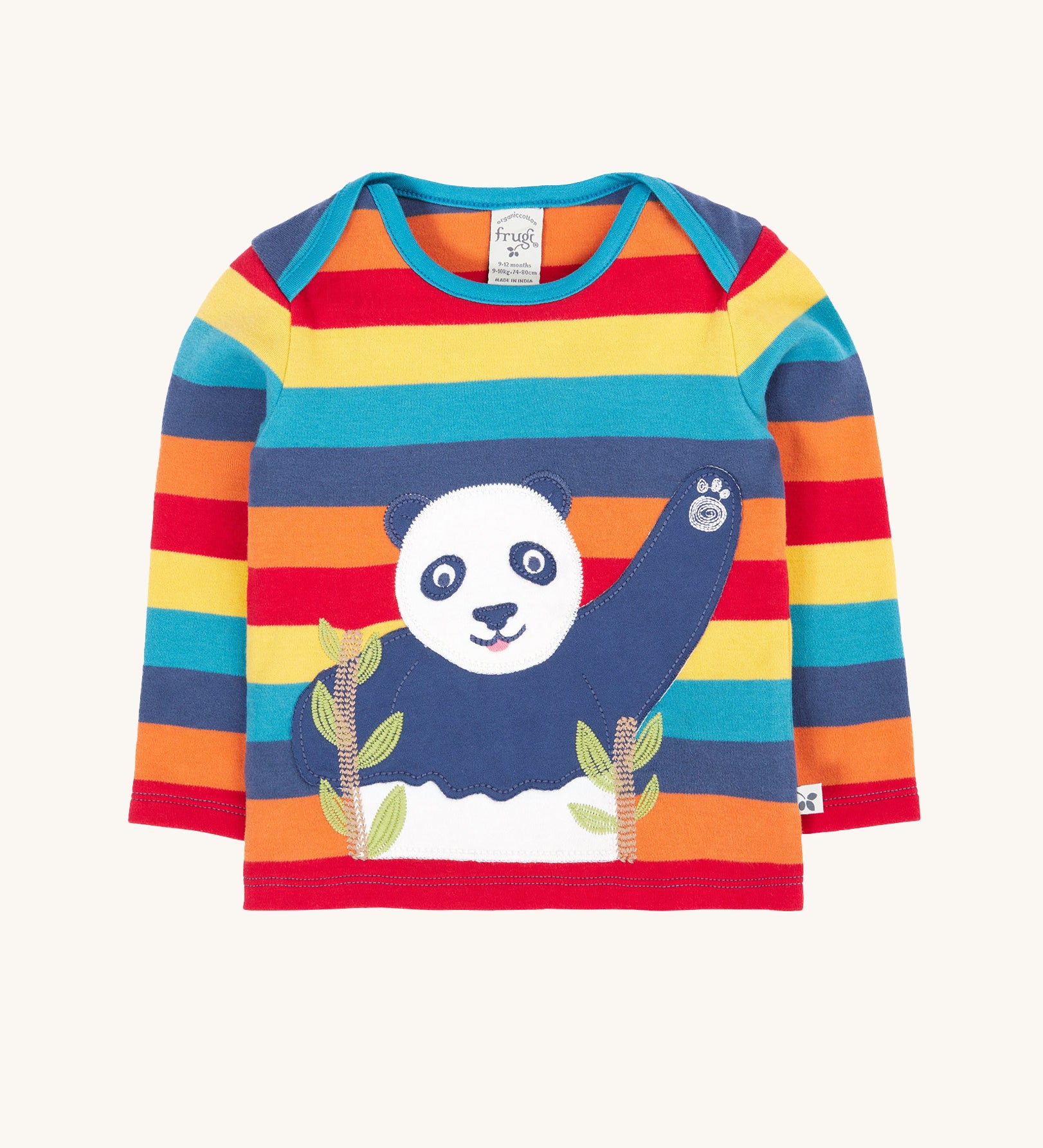 A Frugi Children's Bobby panda Applique rainbow striped Organic Cotton long sleeved Top. This children's top is part of a wide range of organic cotton clothing available here at Babipur. 