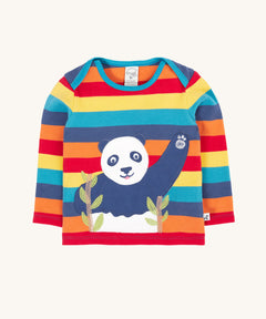 A Frugi Children's Bobby panda Applique rainbow striped Organic Cotton long sleeved Top. This children's top is part of a wide range of organic cotton clothing available here at Babipur. 