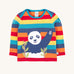 A Frugi Children's Bobby panda Applique rainbow striped Organic Cotton long sleeved Top. This children's top is part of a wide range of organic cotton clothing available here at Babipur. 