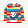 A Frugi Children's Bobby panda Applique rainbow striped Organic Cotton long sleeved Top. This children's top is part of a wide range of organic cotton clothing available here at Babipur. 