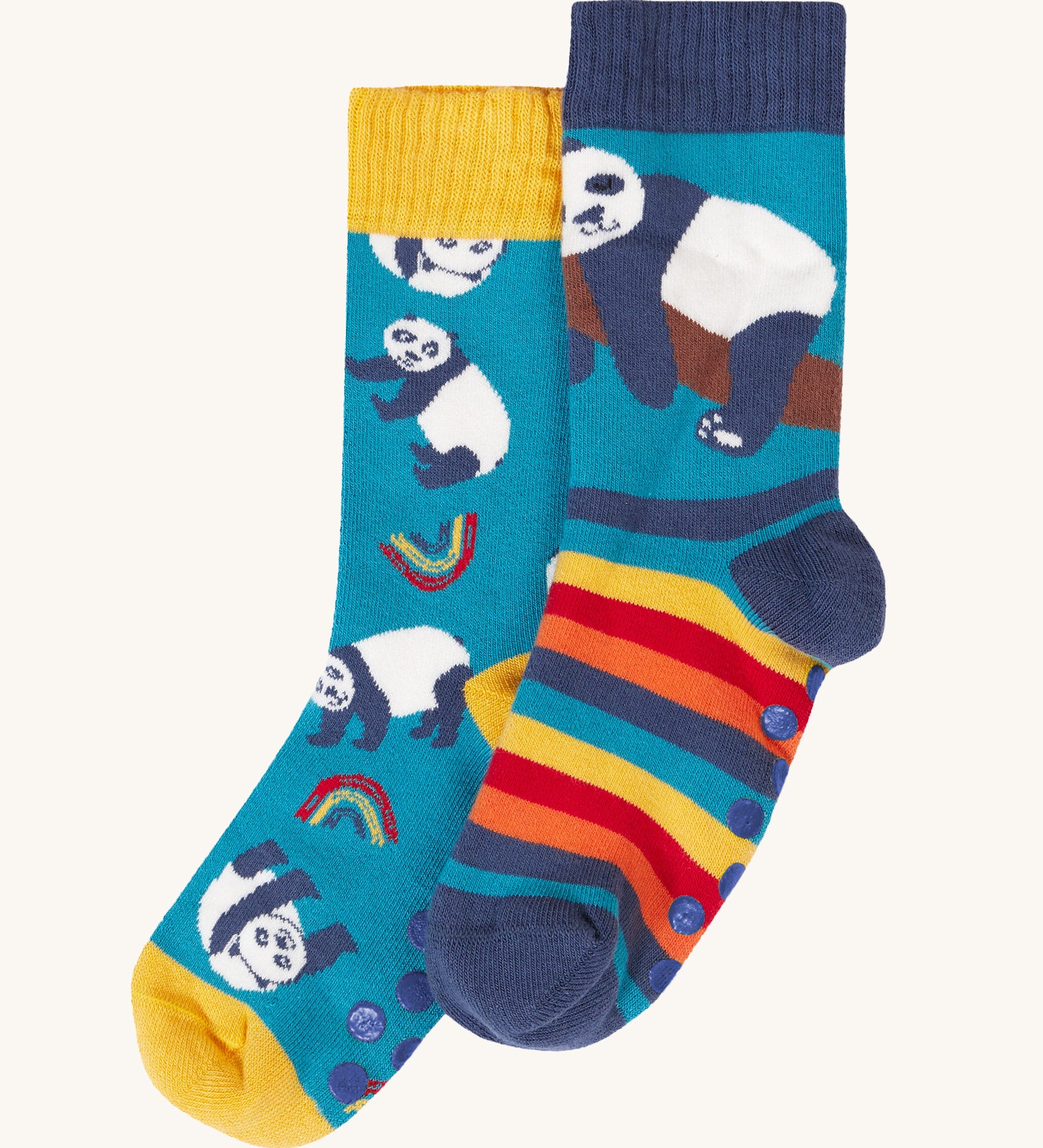 Frugi Panda Play Great Organic Cotton Grippy Socks for Kids. A 2 pack of socks one with a repeat panda print and one pair has a rainbow stripe design with a single panda. These socks are part of a wide range of organic cotton clothing for children available here at Babipur. 