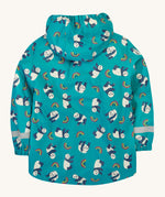 The back of the Frugi kids panda play puddle buster coat showing the playful panda, rainbow prints and reflective strip detail on waterproof material.