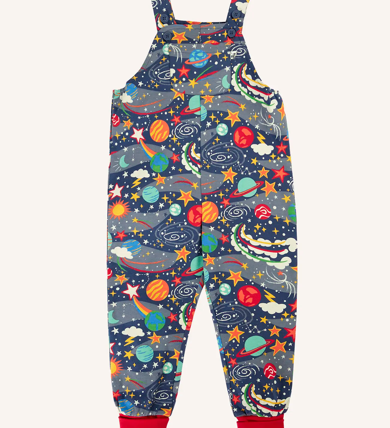 Frugi parsnip organic cotton dungaree in navy with an all over explore the stars print, red fold up leg cuffs.