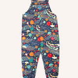 Frugi parsnip organic cotton dungaree in navy with an all over explore the stars print, red fold up leg cuffs.
