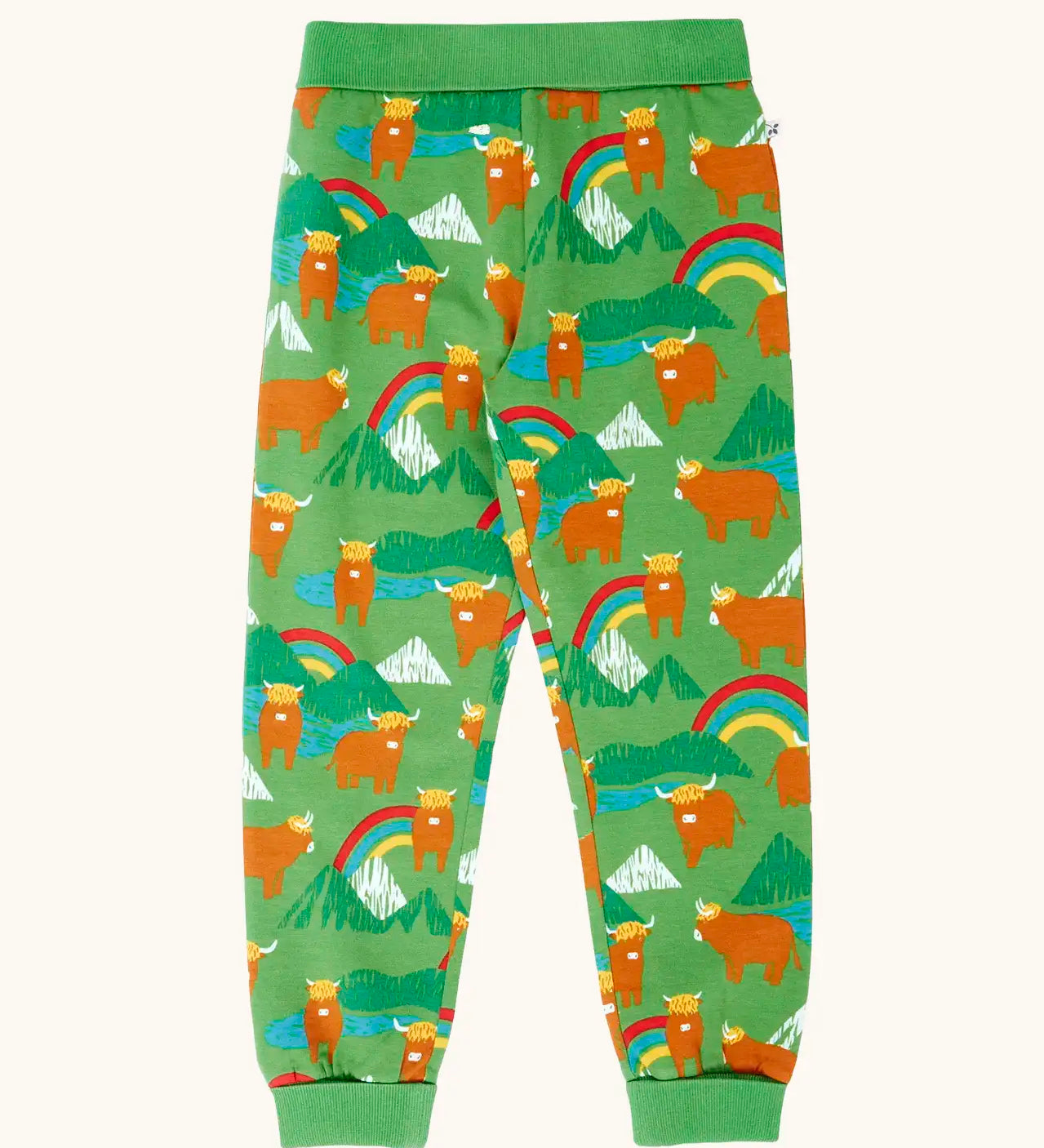 Frugi organic cotton parsnip joggers in palm green with highland coos cow print. 