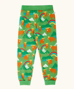 Frugi organic cotton parsnip joggers in palm green with highland coos cow print. 