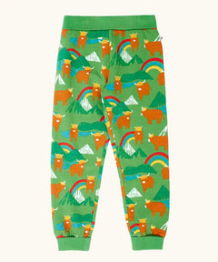Frugi organic cotton parsnip joggers in palm green with highland coos cow print. 