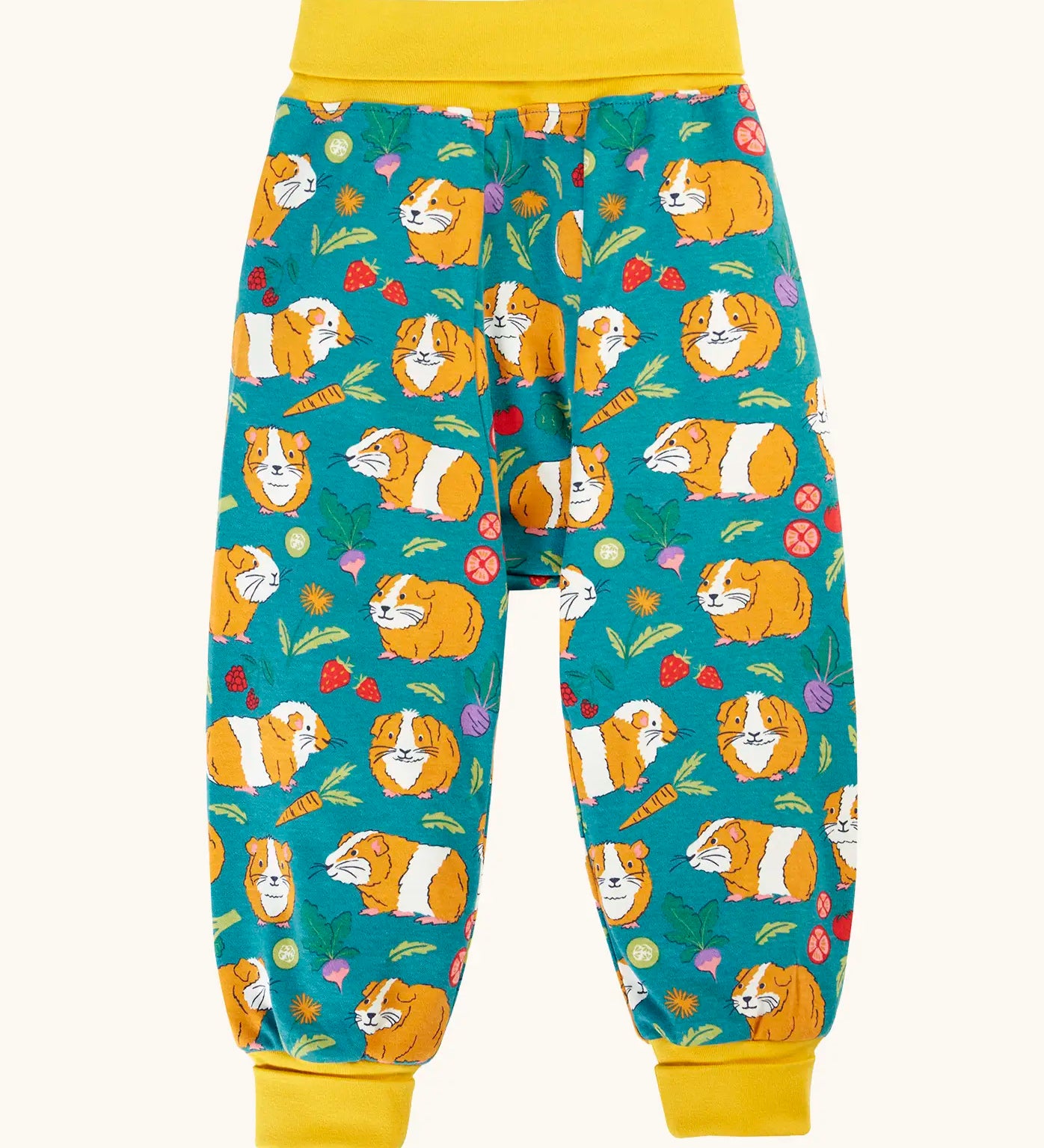 Frugi parsnip pants blue organic cotton kids trousers with all over guinea pig muddle print with yellow waist and leg cuffs.