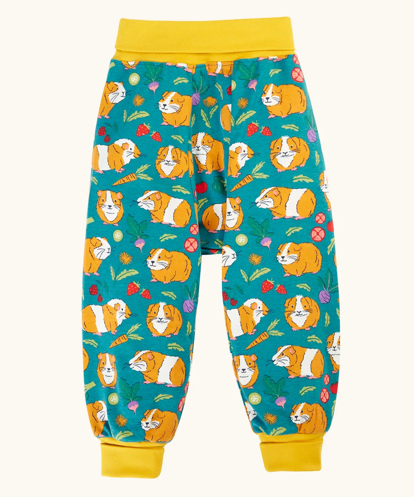 Frugi parsnip pants blue organic cotton kids trousers with all over guinea pig muddle print with yellow waist and leg cuffs.