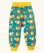 Frugi parsnip pants blue organic cotton kids trousers with all over guinea pig muddle print with yellow waist and leg cuffs.