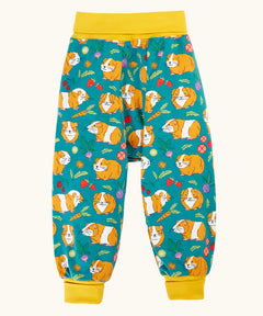 Frugi parsnip pants blue organic cotton kids trousers with all over guinea pig muddle print with yellow waist and leg cuffs.