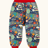 Frugi parsnip pants trousers in a navy with all over explore the stars print and red waist and leg cuffs. 