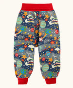 Frugi parsnip pants trousers in a navy with all over explore the stars print and red waist and leg cuffs. 
